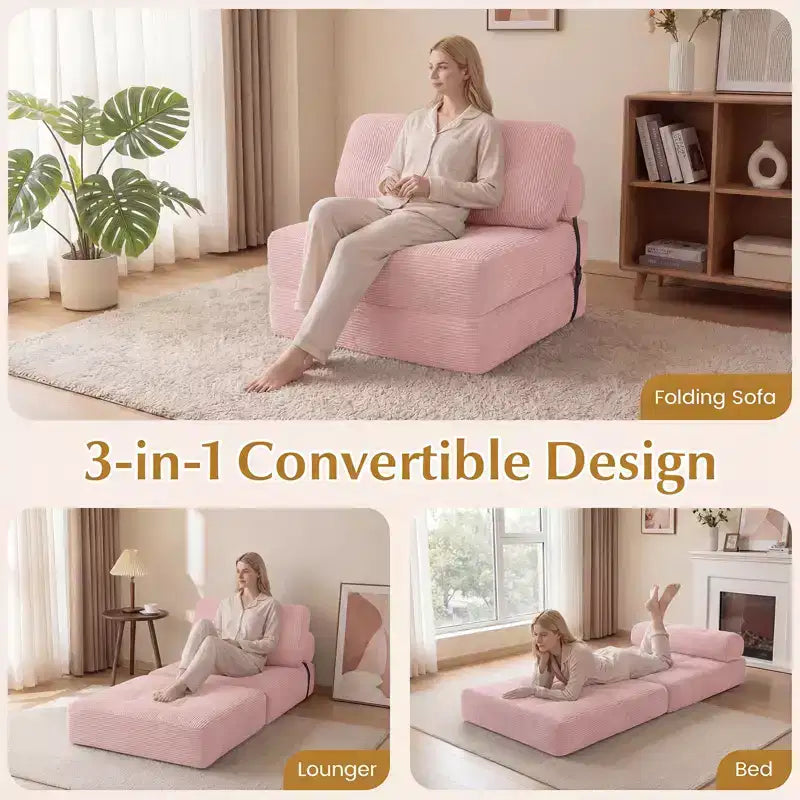 Costway Folding Sofa Bed, Convertible Sleeper Chair with Pillow Back Support Corduroy Cover Beige/ Black/ Gray/ Navy Blue/ Pink