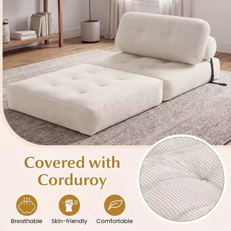 Costway Folding Sofa Bed, Convertible Sleeper Chair with Pillow Back Support Corduroy Cover Beige/ Black/ Gray/ Navy Blue/ Pink