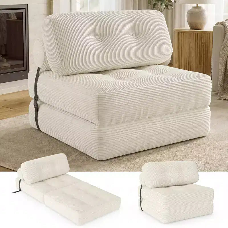 Costway Folding Sofa Bed, Convertible Sleeper Chair with Pillow Back Support Corduroy Cover Beige/ Black/ Gray/ Navy Blue/ Pink