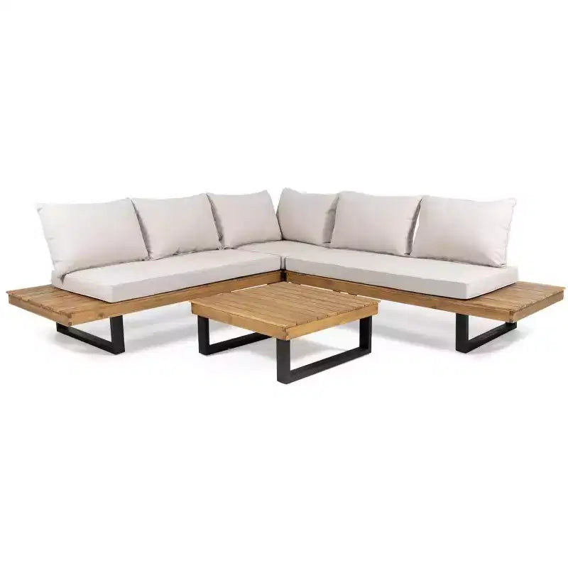 Sofá seccional de exterior en forma de L, juego de salón de ocio para patio, juego de asientos de conversación para jardín con mesa de centro y cojín resistente al agua - ModernLuxe