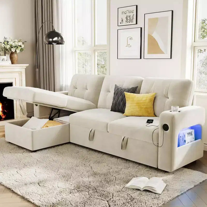Sleeper Sofa Couch, L-Shaped Sofa, Convertible Pull Out Sofa Bed with Storage, Charging Station, Modern Sectional Sofa for Living Room, Apartment