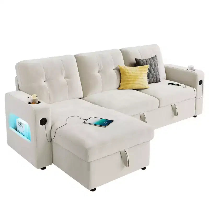 Sleeper Sofa Couch, L-Shaped Sofa, Convertible Pull Out Sofa Bed with Storage, Charging Station, Modern Sectional Sofa for Living Room, Apartment