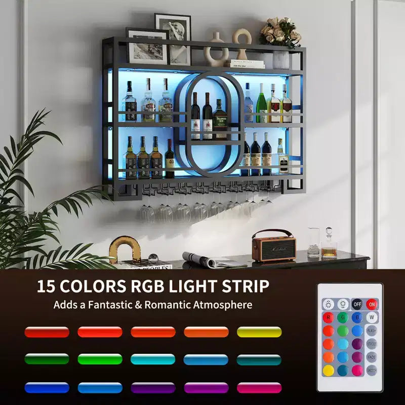 Botellero de pared, estantes de barra flotantes de metal con soporte para copas de vino, 99 cm/119 cm