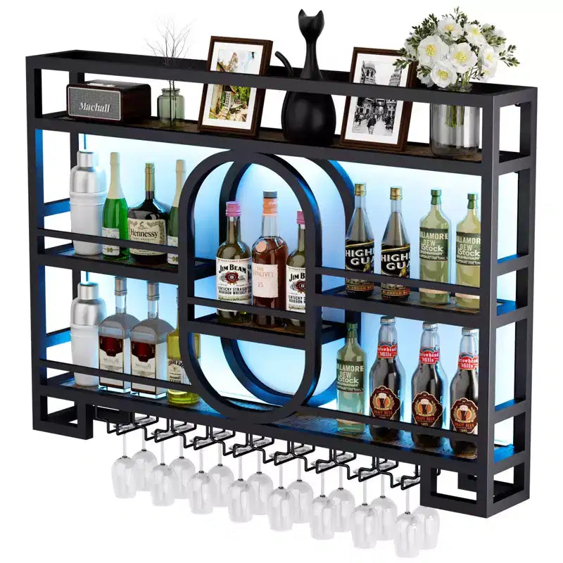 Botellero de pared, estantes de barra flotantes de metal con soporte para copas de vino, 99 cm/119 cm