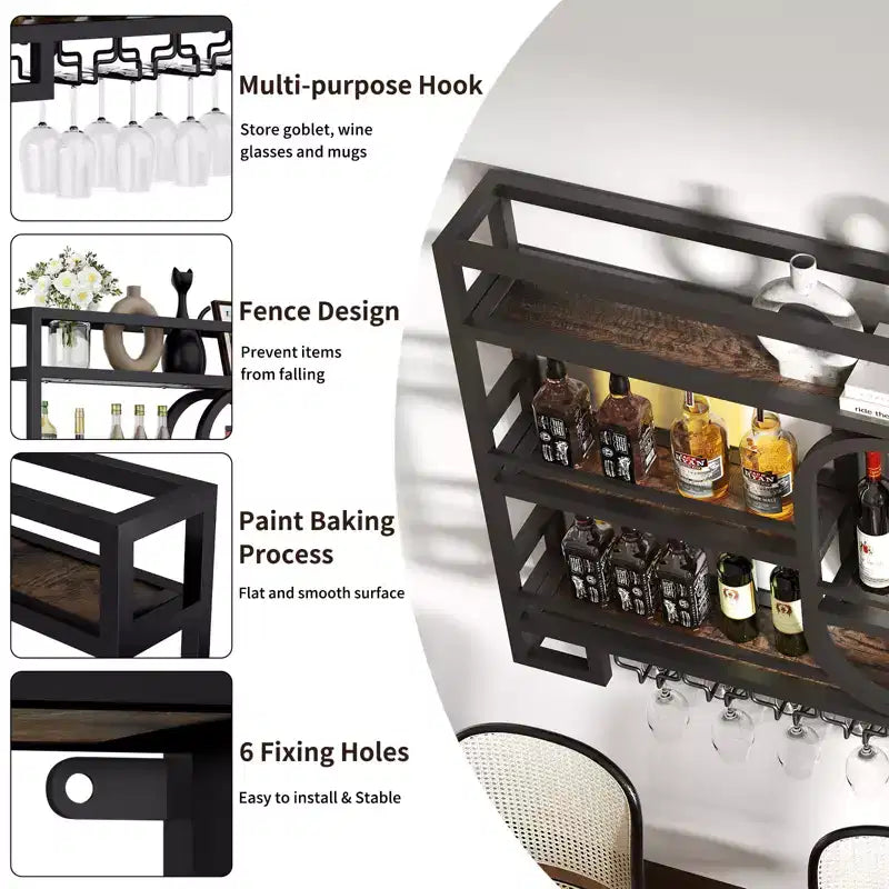 Botellero de pared, estantes de barra flotantes de metal con soporte para copas de vino, 99 cm/119 cm