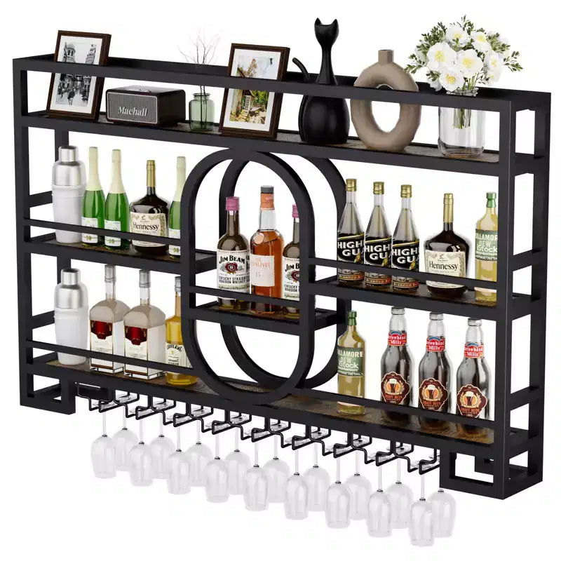 Botellero de pared, estantes de barra flotantes de metal con soporte para copas de vino, 99 cm/119 cm