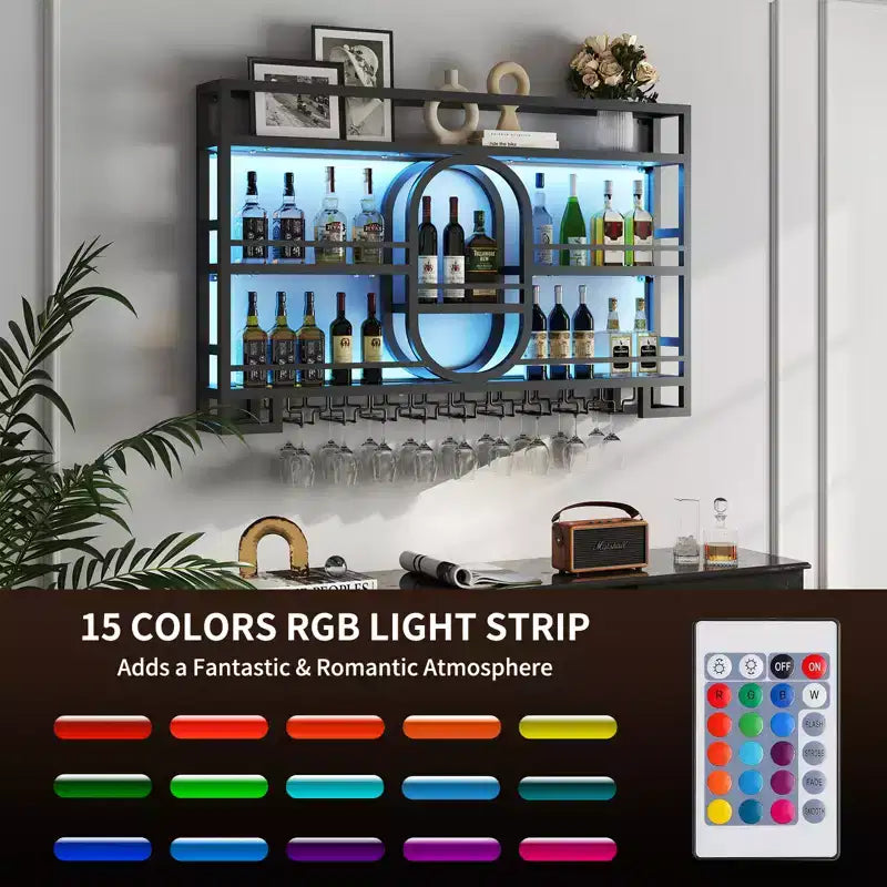 Botellero de pared, estantes de barra flotantes de metal con soporte para copas de vino, 99 cm/119 cm