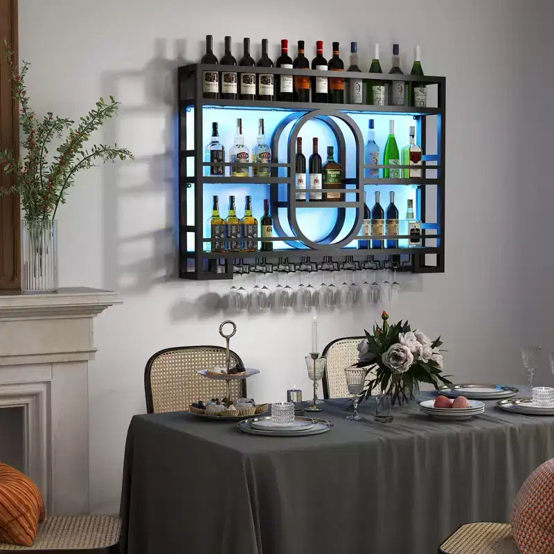 Botellero de pared, estantes de barra flotantes de metal con soporte para copas de vino, 99 cm/119 cm