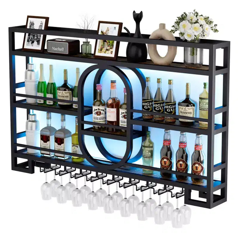Botellero de pared, estantes de barra flotantes de metal con soporte para copas de vino, 99 cm/119 cm