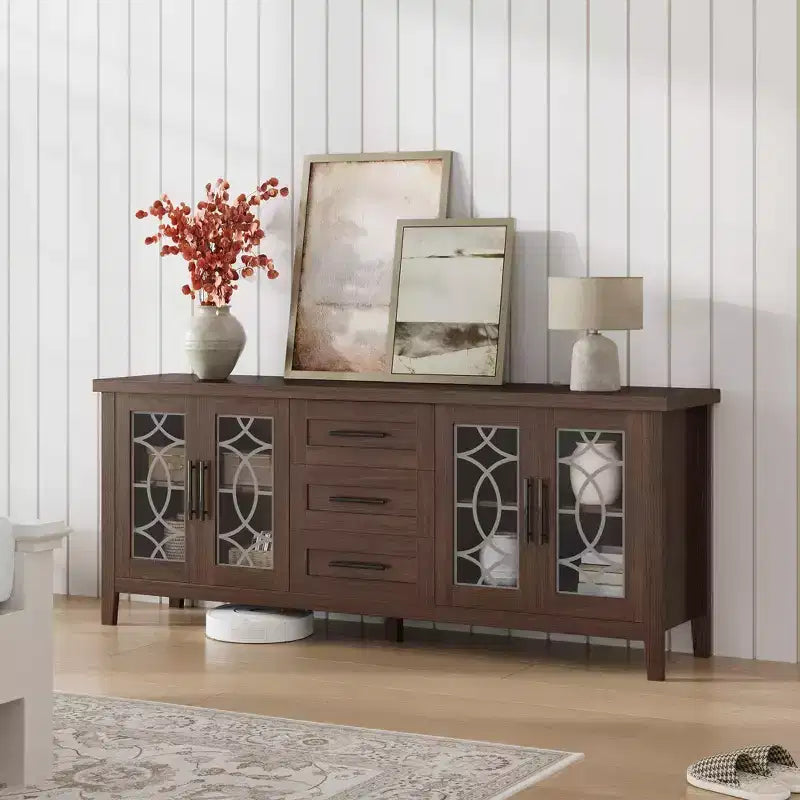 Mueble de TV de 65" estilo rústico para televisores de hasta 70" - Centro de entretenimiento moderno de mediados de siglo con 2 puertas de vidrio y 3 cajones - Consola multimedia de madera