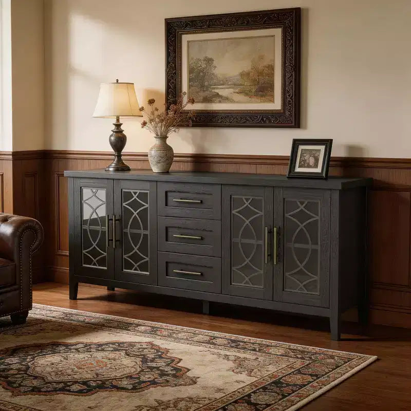 Mueble de TV de 65" estilo rústico para televisores de hasta 70" - Centro de entretenimiento moderno de mediados de siglo con 2 puertas de vidrio y 3 cajones - Consola multimedia de madera