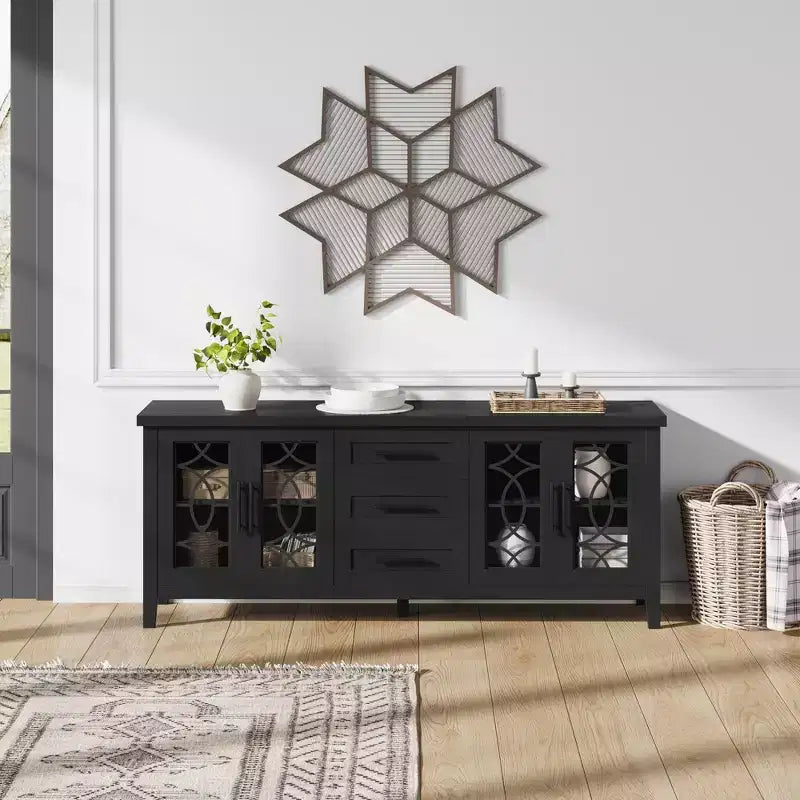 Mueble de TV de 65" estilo rústico para televisores de hasta 70" - Centro de entretenimiento moderno de mediados de siglo con 2 puertas de vidrio y 3 cajones - Consola multimedia de madera