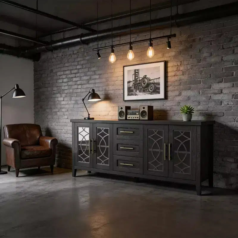 Mueble de TV de 65" estilo rústico para televisores de hasta 70" - Centro de entretenimiento moderno de mediados de siglo con 2 puertas de vidrio y 3 cajones - Consola multimedia de madera