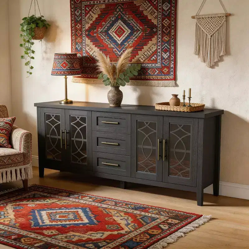 Mueble de TV de 65" estilo rústico para televisores de hasta 70" - Centro de entretenimiento moderno de mediados de siglo con 2 puertas de vidrio y 3 cajones - Consola multimedia de madera
