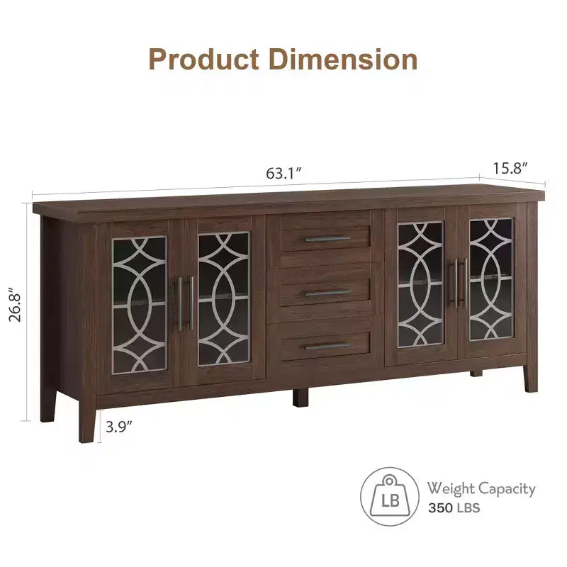 Mueble de TV de 65" estilo rústico para televisores de hasta 70" - Centro de entretenimiento moderno de mediados de siglo con 2 puertas de vidrio y 3 cajones - Consola multimedia de madera