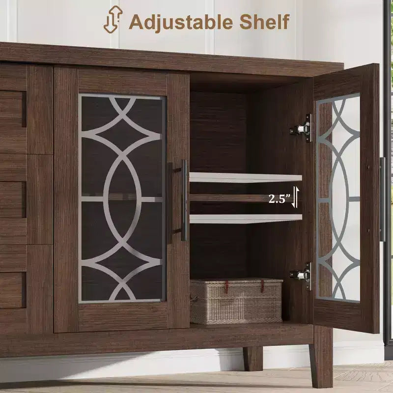Mueble de TV de 65" estilo rústico para televisores de hasta 70" - Centro de entretenimiento moderno de mediados de siglo con 2 puertas de vidrio y 3 cajones - Consola multimedia de madera