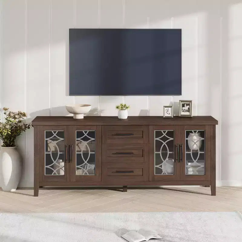 Mueble de TV de 65" estilo rústico para televisores de hasta 70" - Centro de entretenimiento moderno de mediados de siglo con 2 puertas de vidrio y 3 cajones - Consola multimedia de madera