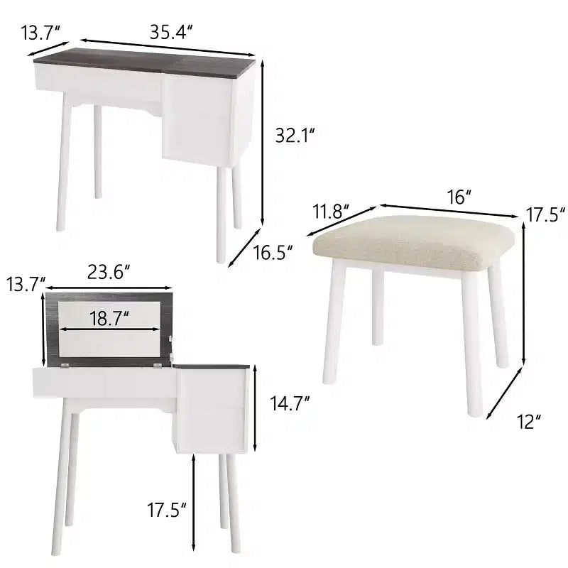 Tocador de Maquillaje Blanco con Espejo Abatible, 2 Cajones y 8 Compartimentos para Dormitorio, Diseño 3 en 1, Diseño que Ahorra Espacio