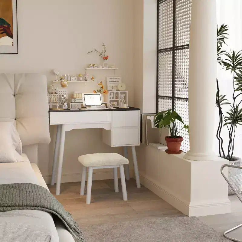 Tocador de Maquillaje Blanco con Espejo Abatible, 2 Cajones y 8 Compartimentos para Dormitorio, Diseño 3 en 1, Diseño que Ahorra Espacio