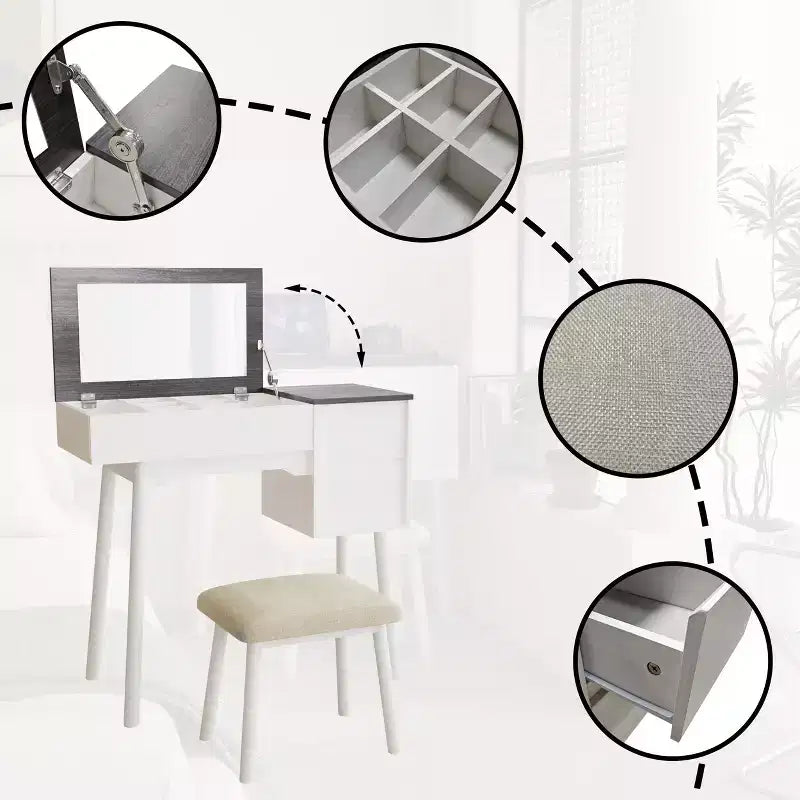 Tocador de Maquillaje Blanco con Espejo Abatible, 2 Cajones y 8 Compartimentos para Dormitorio, Diseño 3 en 1, Diseño que Ahorra Espacio