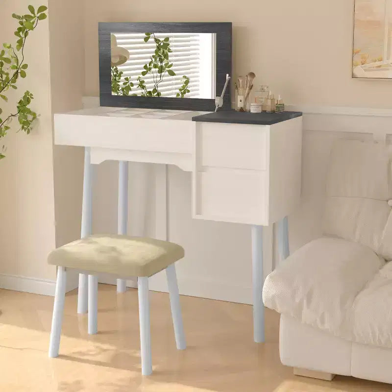 Tocador de Maquillaje Blanco con Espejo Abatible, 2 Cajones y 8 Compartimentos para Dormitorio, Diseño 3 en 1, Diseño que Ahorra Espacio