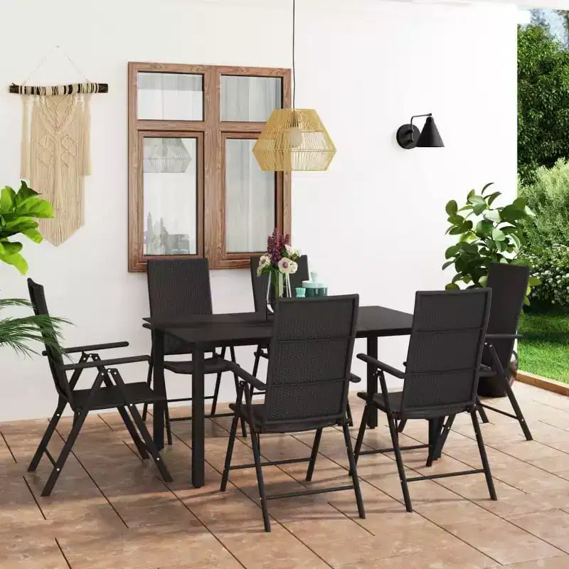 vidaXL Set de comedor Negro Ratán PE, vidrio, aluminio Estándar Plegable