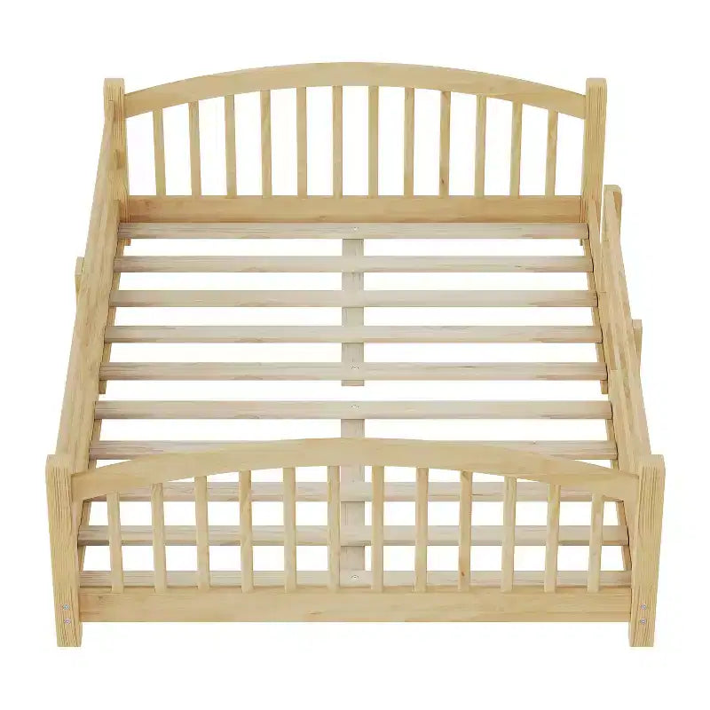 Cama Montessori de tamaño completo de perfil bajo con barandillas de seguridad y cabecero
