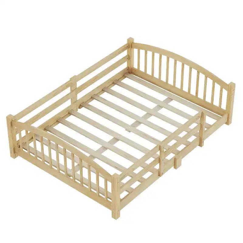 Cama Montessori de tamaño completo de perfil bajo con barandillas de seguridad y cabecero
