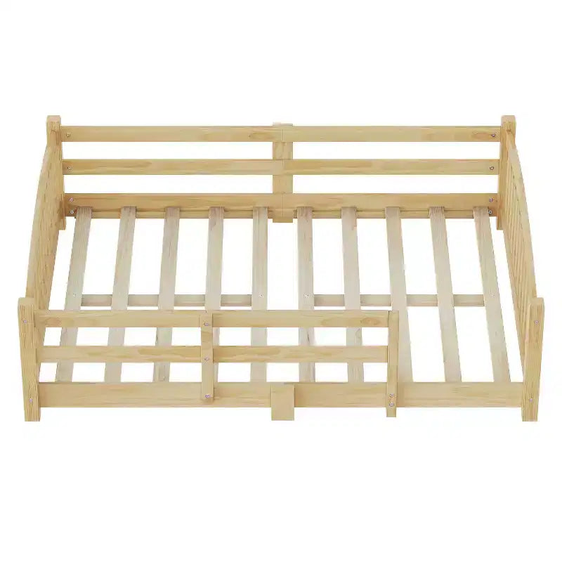 Cama Montessori de tamaño completo de perfil bajo con barandillas de seguridad y cabecero