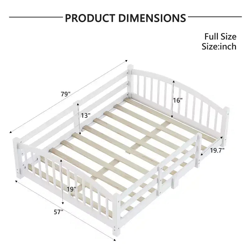 Cama Montessori de tamaño completo de perfil bajo con barandillas de seguridad y cabecero