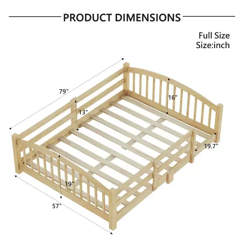 Cama Montessori de tamaño completo de perfil bajo con barandillas de seguridad y cabecero