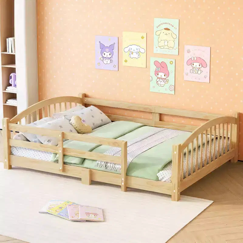 Cama Montessori de tamaño completo de perfil bajo con barandillas de seguridad y cabecero