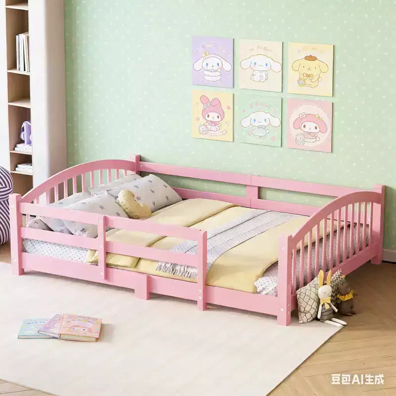 Cama Montessori de tamaño completo de perfil bajo con barandillas de seguridad y cabecero