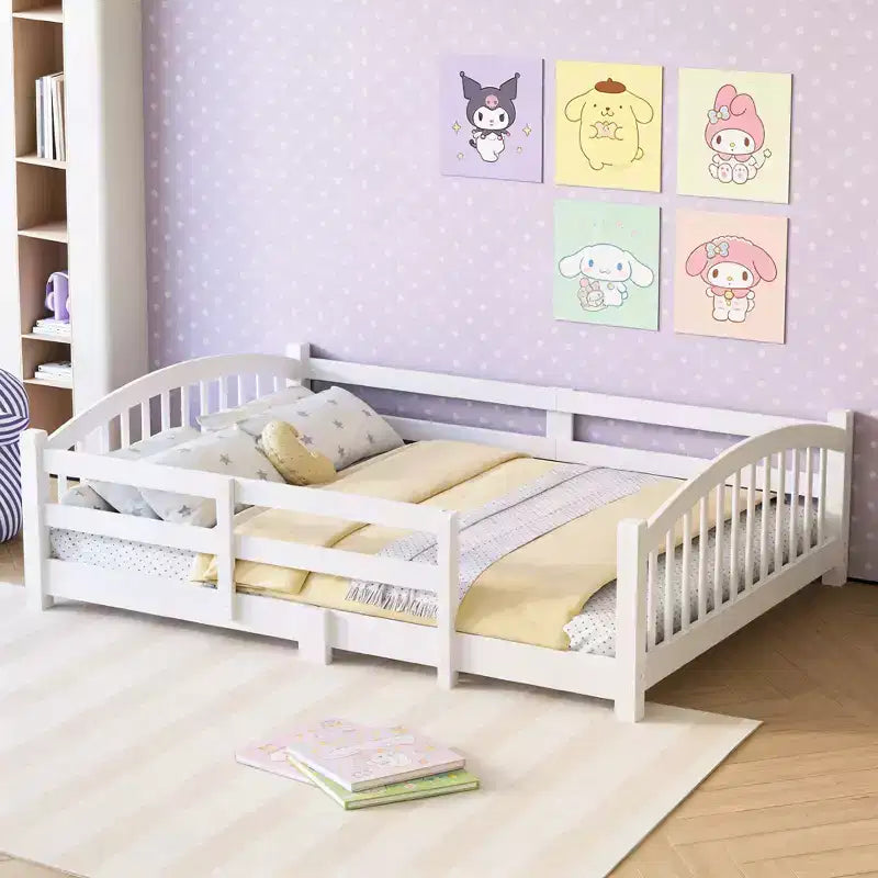 Cama Montessori de tamaño completo de perfil bajo con barandillas de seguridad y cabecero