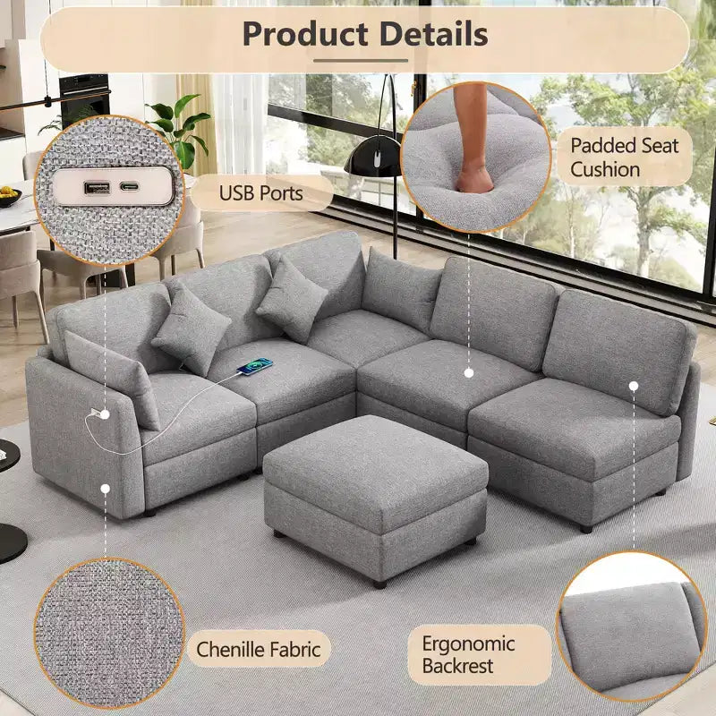 86.6 Sectional Sofa Modular Sofa Couch Sofa Bed L-shaped Sofa with a Movable Ottoman and Two USB Ports