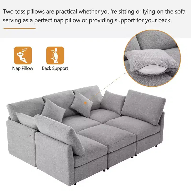 86.6 Sectional Sofa Modular Sofa Couch Sofa Bed L-shaped Sofa with a Movable Ottoman and Two USB Ports