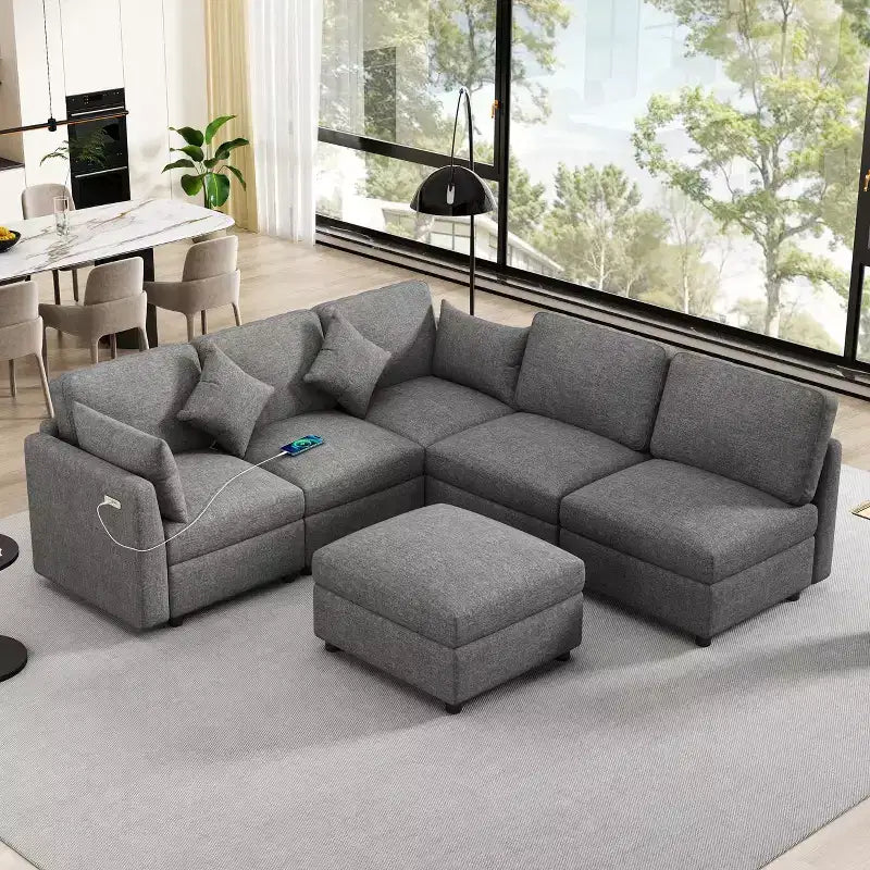 86.6 Sectional Sofa Modular Sofa Couch Sofa Bed L-shaped Sofa with a Movable Ottoman and Two USB Ports