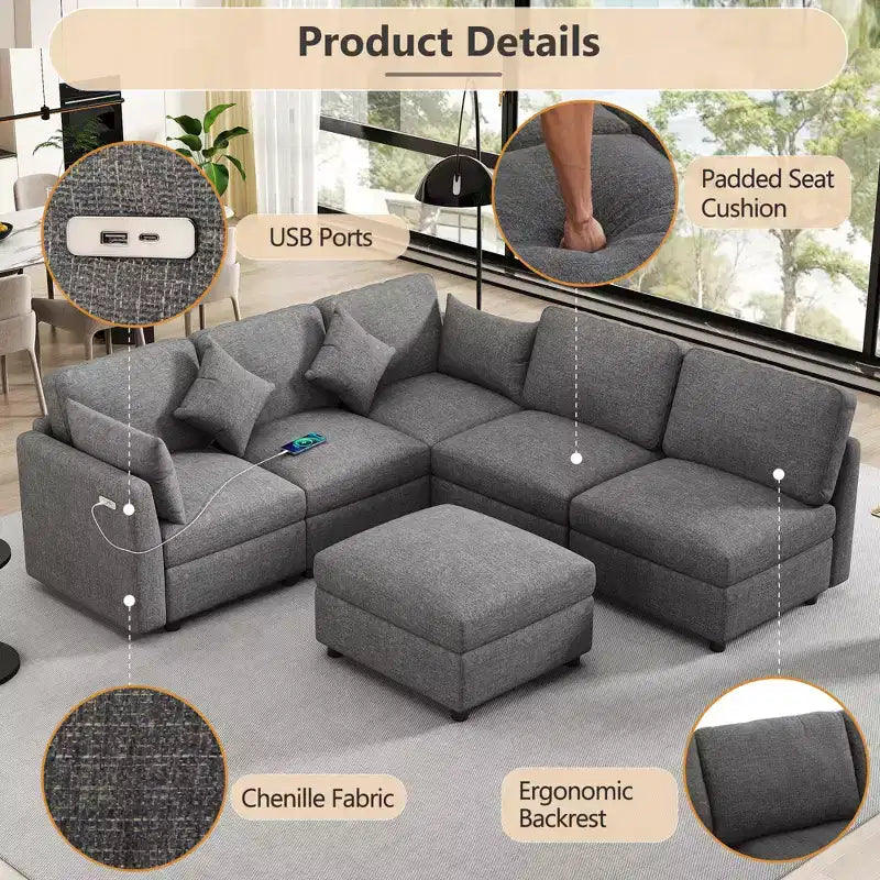 86.6 Sectional Sofa Modular Sofa Couch Sofa Bed L-shaped Sofa with a Movable Ottoman and Two USB Ports