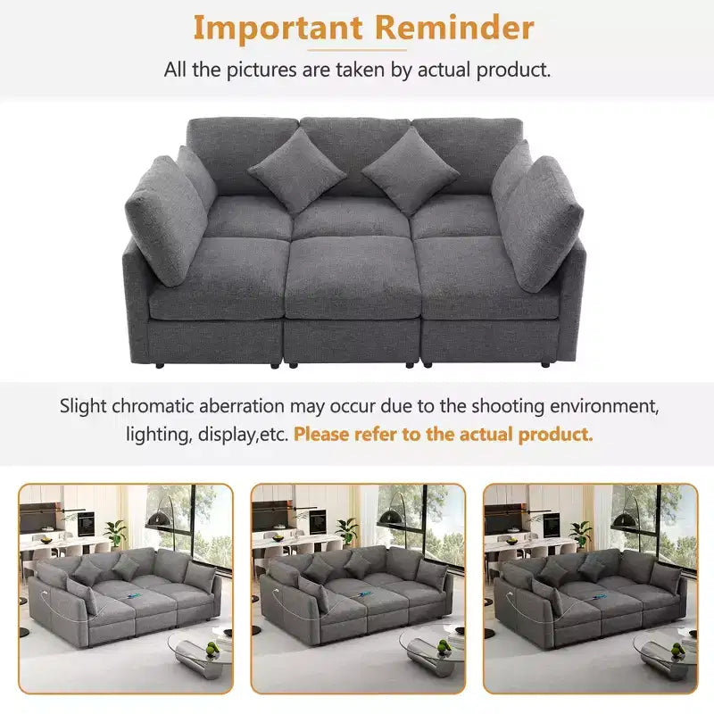 86.6 Sectional Sofa Modular Sofa Couch Sofa Bed L-shaped Sofa with a Movable Ottoman and Two USB Ports