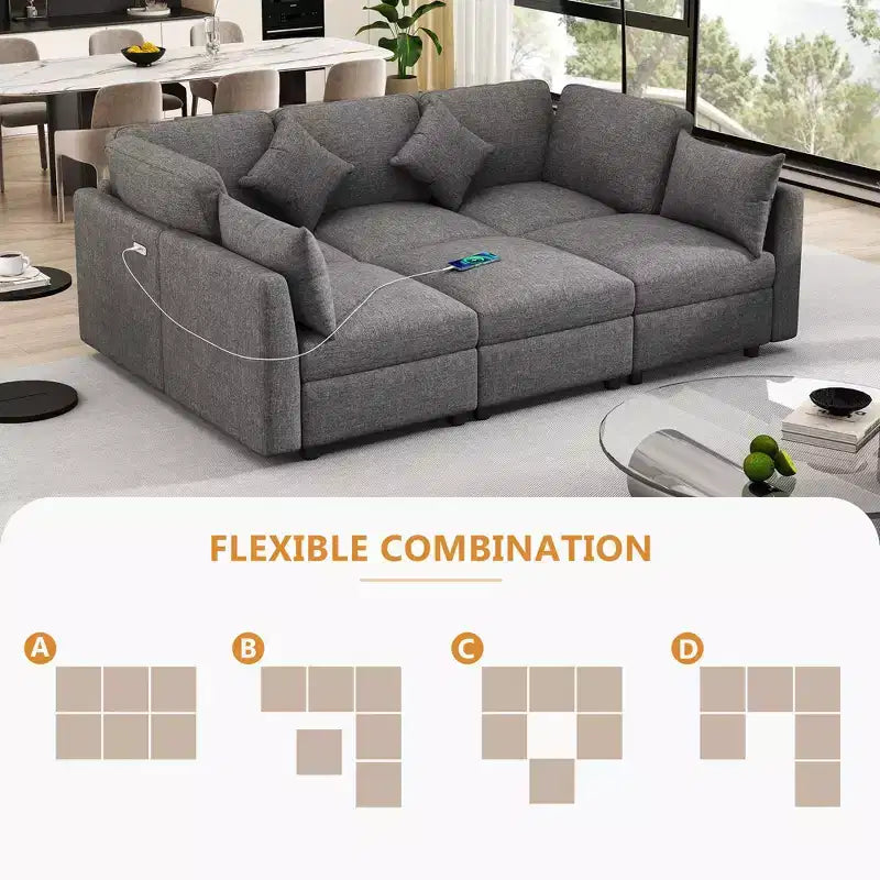 86.6 Sectional Sofa Modular Sofa Couch Sofa Bed L-shaped Sofa with a Movable Ottoman and Two USB Ports