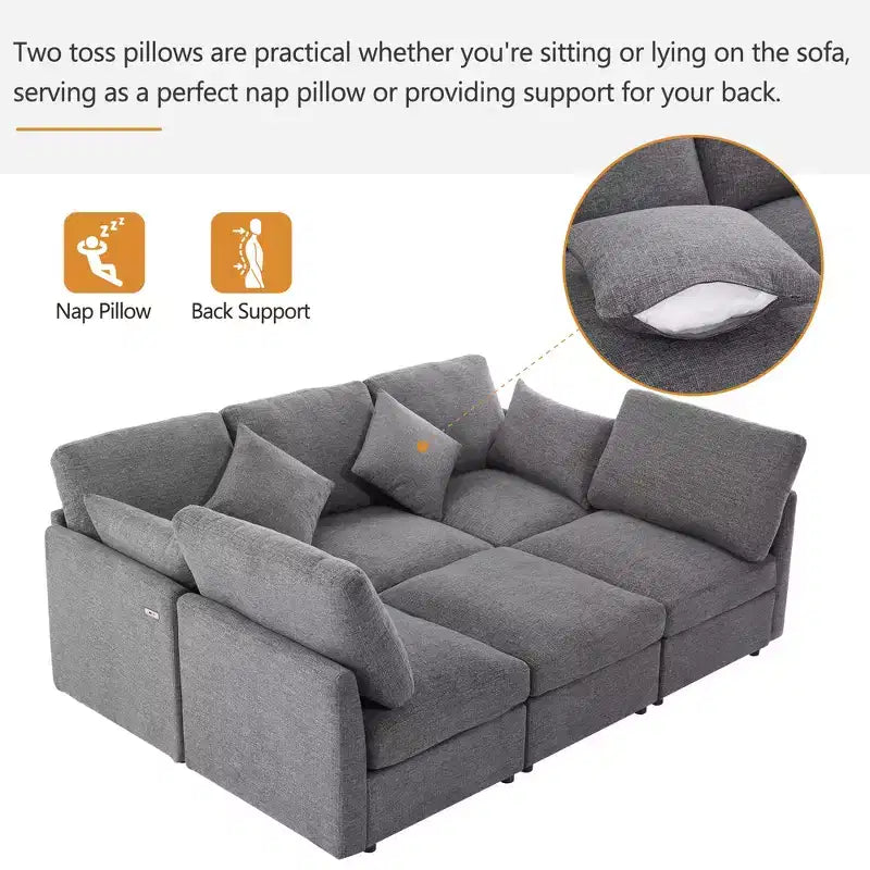 86.6 Sectional Sofa Modular Sofa Couch Sofa Bed L-shaped Sofa with a Movable Ottoman and Two USB Ports