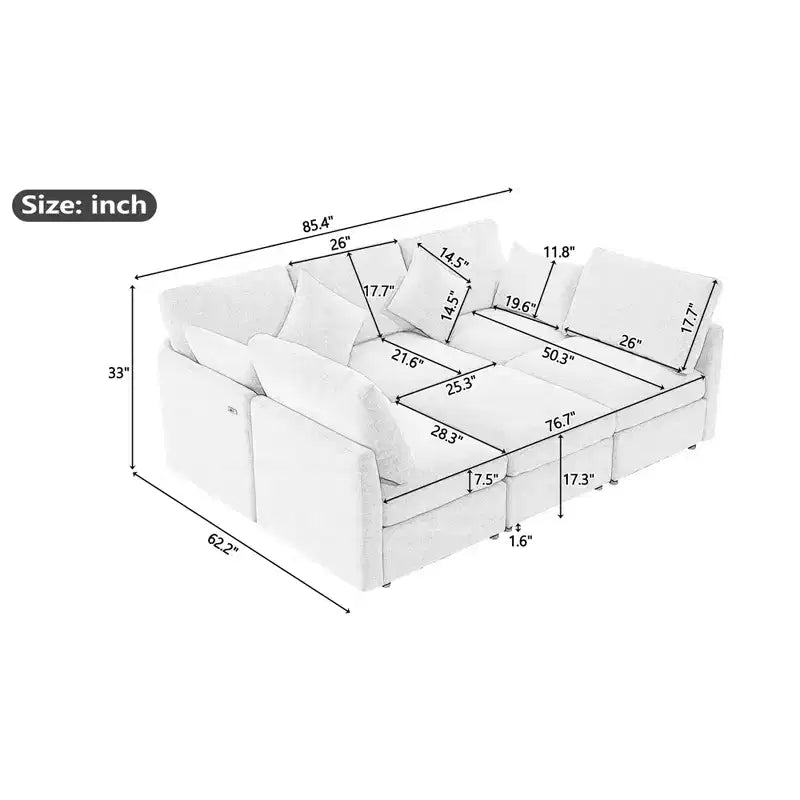 86.6 Sectional Sofa Modular Sofa Couch Sofa Bed L-shaped Sofa with a Movable Ottoman and Two USB Ports