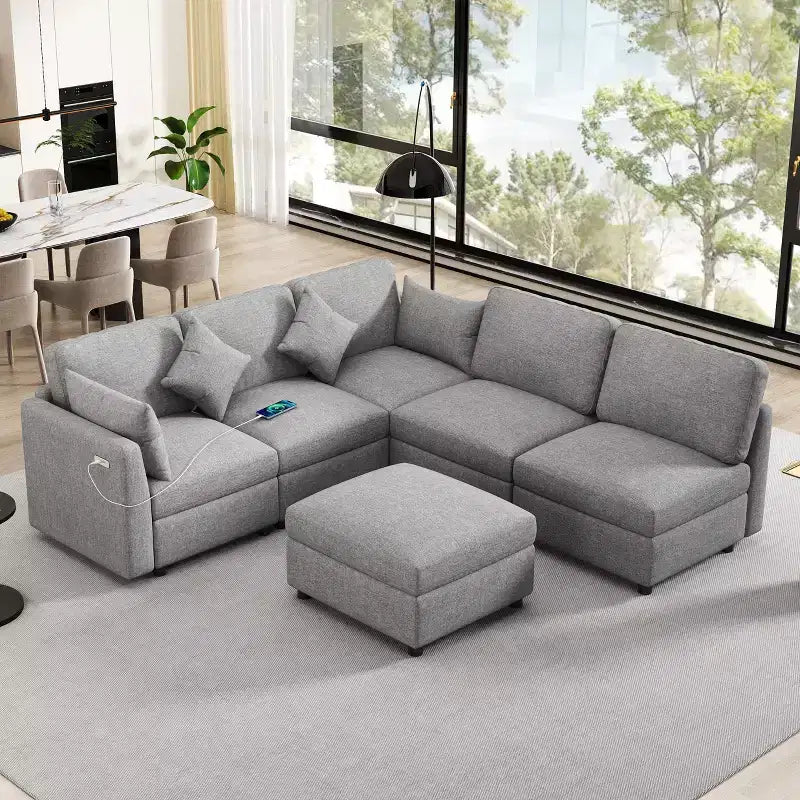 Sofá seccional de 86.6 pulgadas, sofá modular, sofá cama, sofá en forma de L con otomana móvil y dos puertos USB
