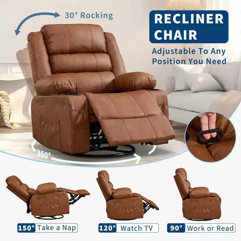 360 Swivel Rocker Recliner Chair for Adults, Wide PU Leather Nursery Glider with Cup Holder, Comfy Deep Seat Single Sofa for Living Room