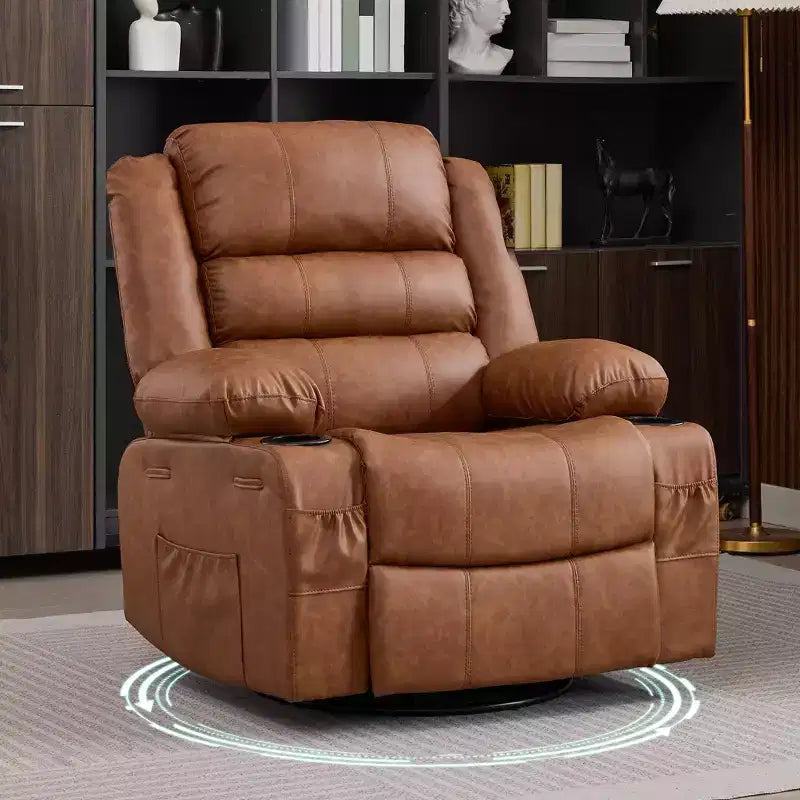 360 Swivel Rocker Recliner Chair for Adults, Wide PU Leather Nursery Glider with Cup Holder, Comfy Deep Seat Single Sofa for Living Room