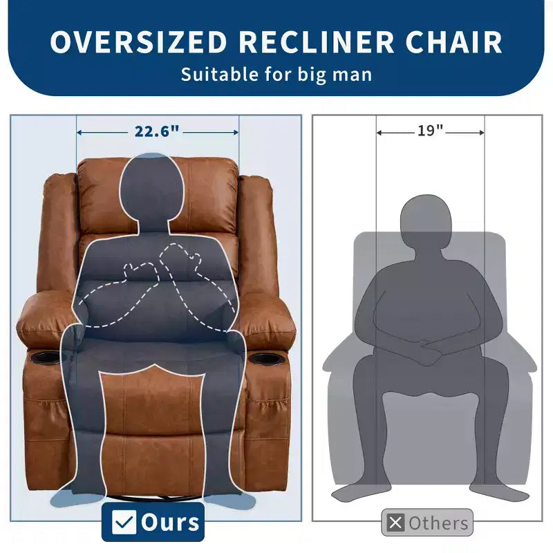 360 Swivel Rocker Recliner Chair for Adults, Wide PU Leather Nursery Glider with Cup Holder, Comfy Deep Seat Single Sofa for Living Room