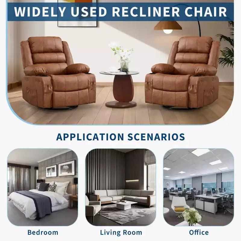 360 Swivel Rocker Recliner Chair for Adults, Wide PU Leather Nursery Glider with Cup Holder, Comfy Deep Seat Single Sofa for Living Room