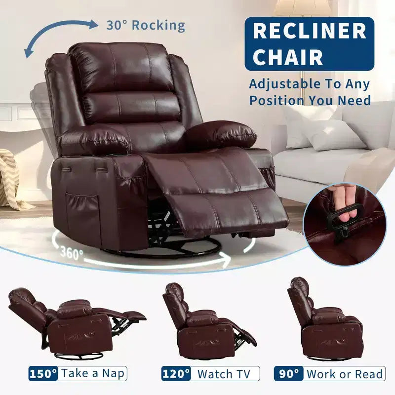 360 Swivel Rocker Recliner Chair for Adults, Wide PU Leather Nursery Glider with Cup Holder, Comfy Deep Seat Single Sofa for Living Room