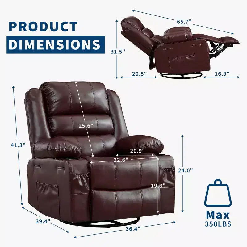 360 Swivel Rocker Recliner Chair for Adults, Wide PU Leather Nursery Glider with Cup Holder, Comfy Deep Seat Single Sofa for Living Room