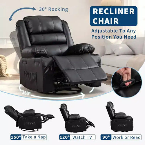 Sillón reclinable giratorio 360° para adultos, mecedora planeadora ancha de cuero PU para guardería con portavasos, sofá individual cómodo y profundo para sala de estar